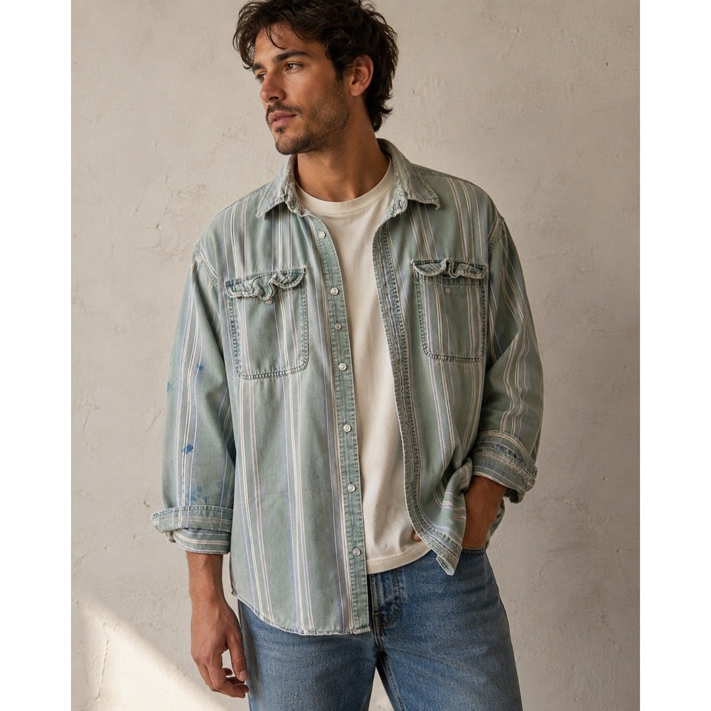 Vintage 90s Gitano Striped Shirt L Distressed Grunge Paint Splatter Workwear